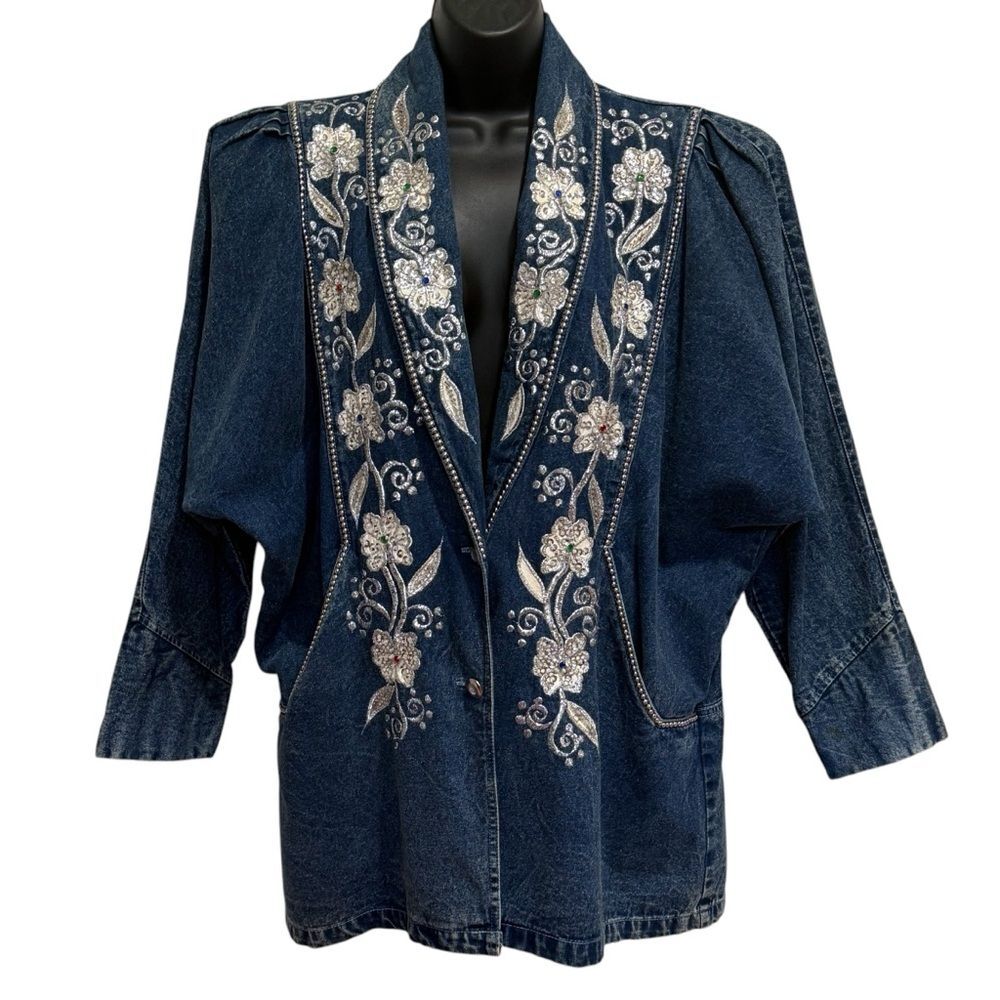 Vintage Niya Collection Heavily Embellished Blue Denim Jean Jacket Sz M